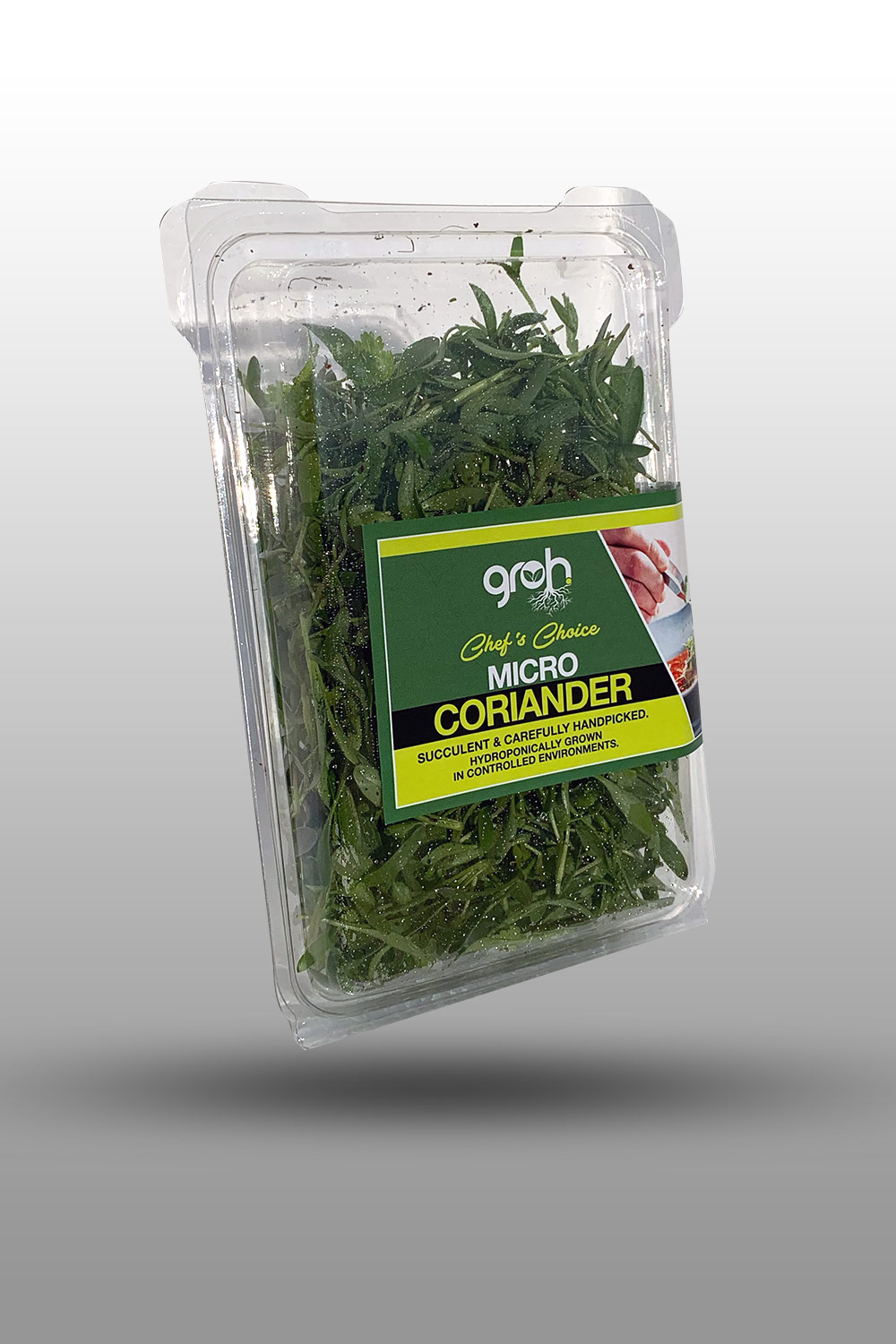 Chef in hotel or restaurant kitchen cooking, only hands. He is working on the micro herb decoration. Preparing tomato soup.